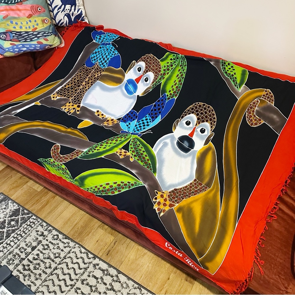 Vintage Pura Vida Costa Rica Tropical Jungle Monkey Sarong Scarf Blanket READ